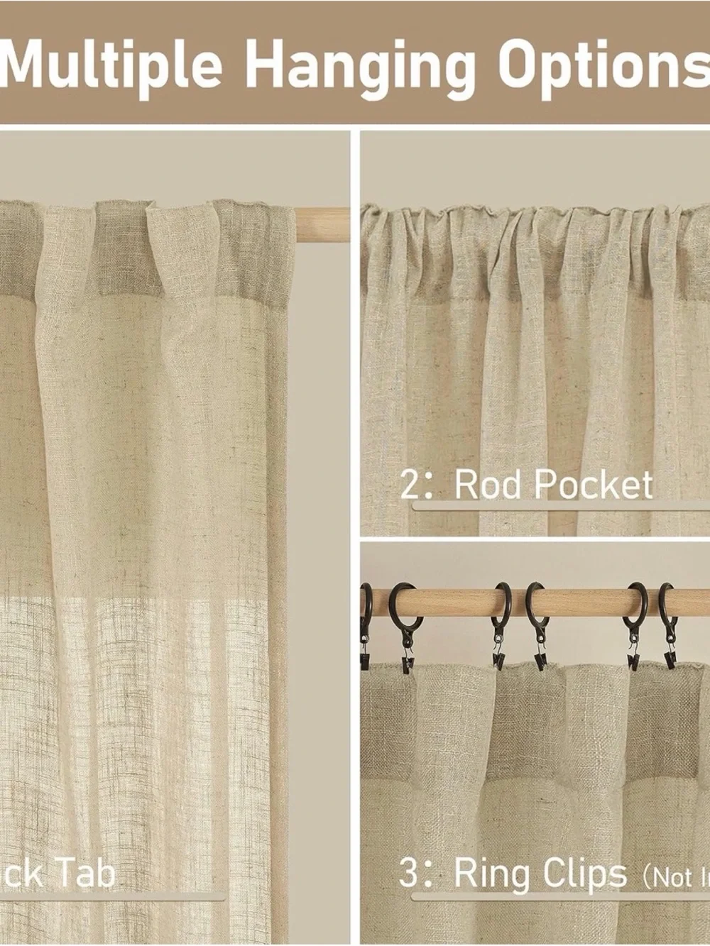 Natural Linen Blended Curtains 2 Panels Semi Sheer Light Filtering 52 x 120 Inch